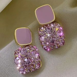 NEW Pink Purple Sapphire Elegant Luxury Geometric Square Shiny Drop Earrings